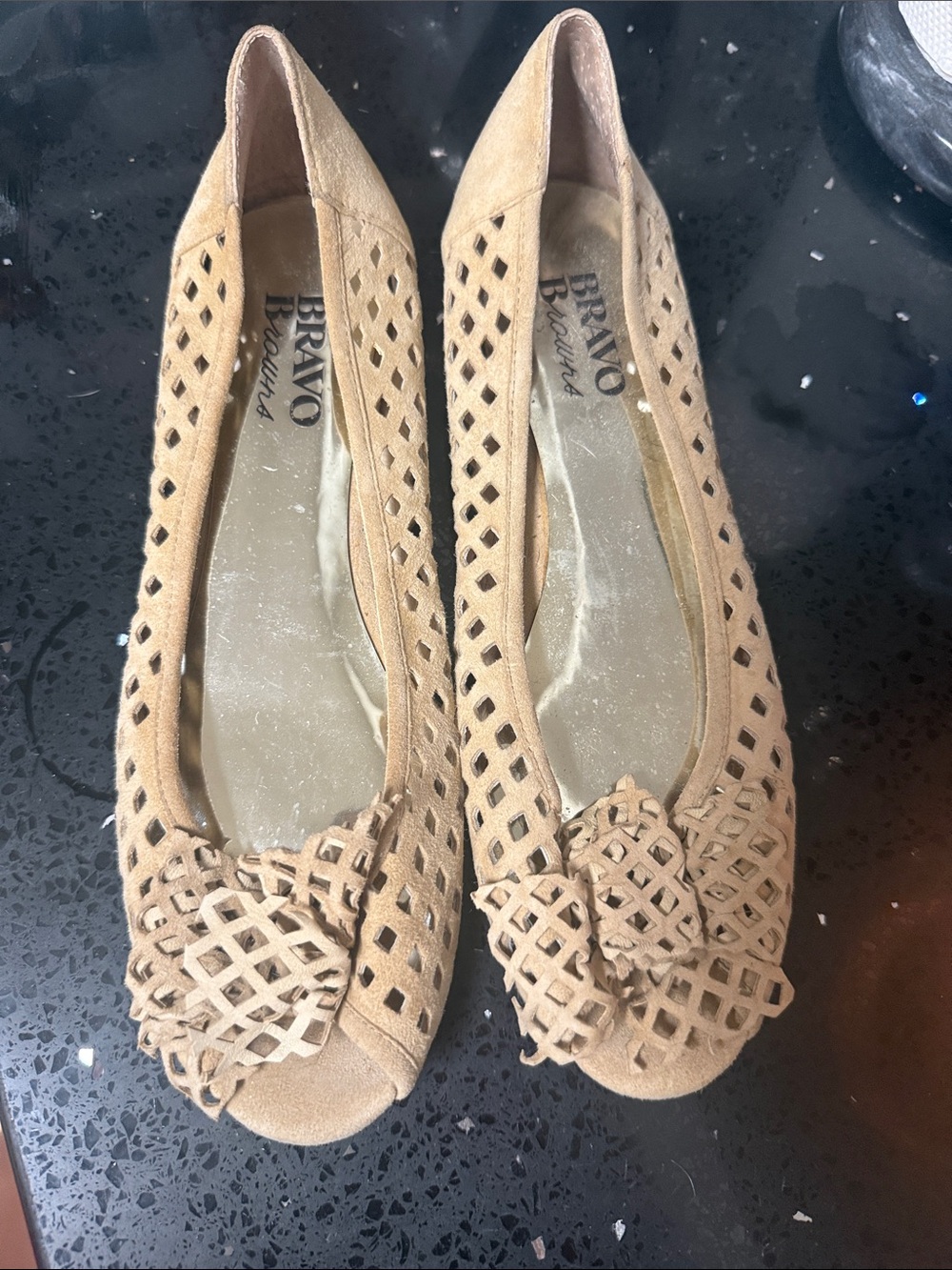 Brown Cutout Peep-Toe Flats with Decorative Bow